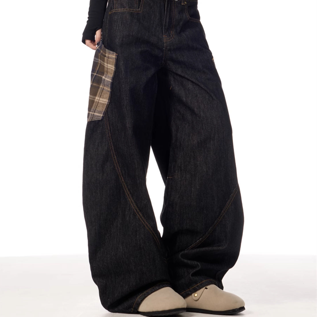 Retro Plaid Stitching Jeans Women's Straight Wide-leg Pants