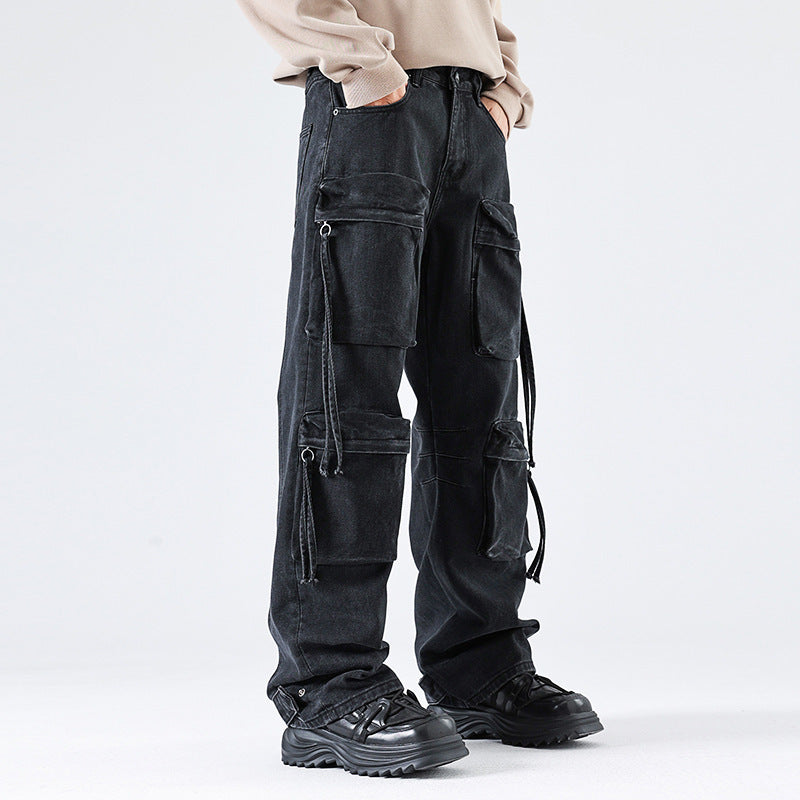 Workwear Multi-pocket Straight-leg Pants Black Design Wide-leg Trousers