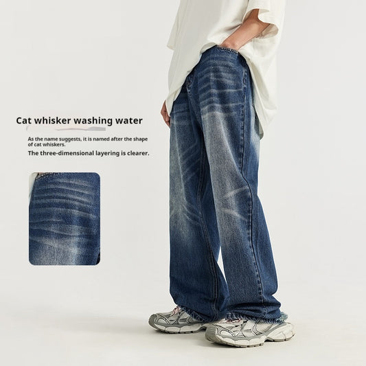 Simple All-matching Straight Men's Clothing Retro Tattered Jeans Wide Leg Jeans