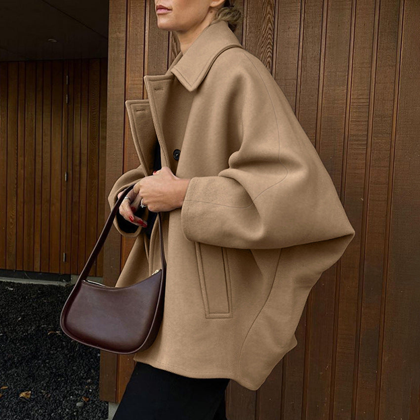 Fashion Brown Lapel Batwing Sleeve Coat