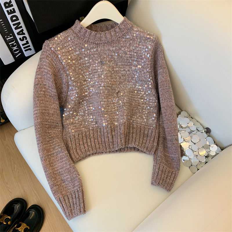 Autumn And Winter New Round Neck Heavy Embroidery Sequins Knitwear Top For Women