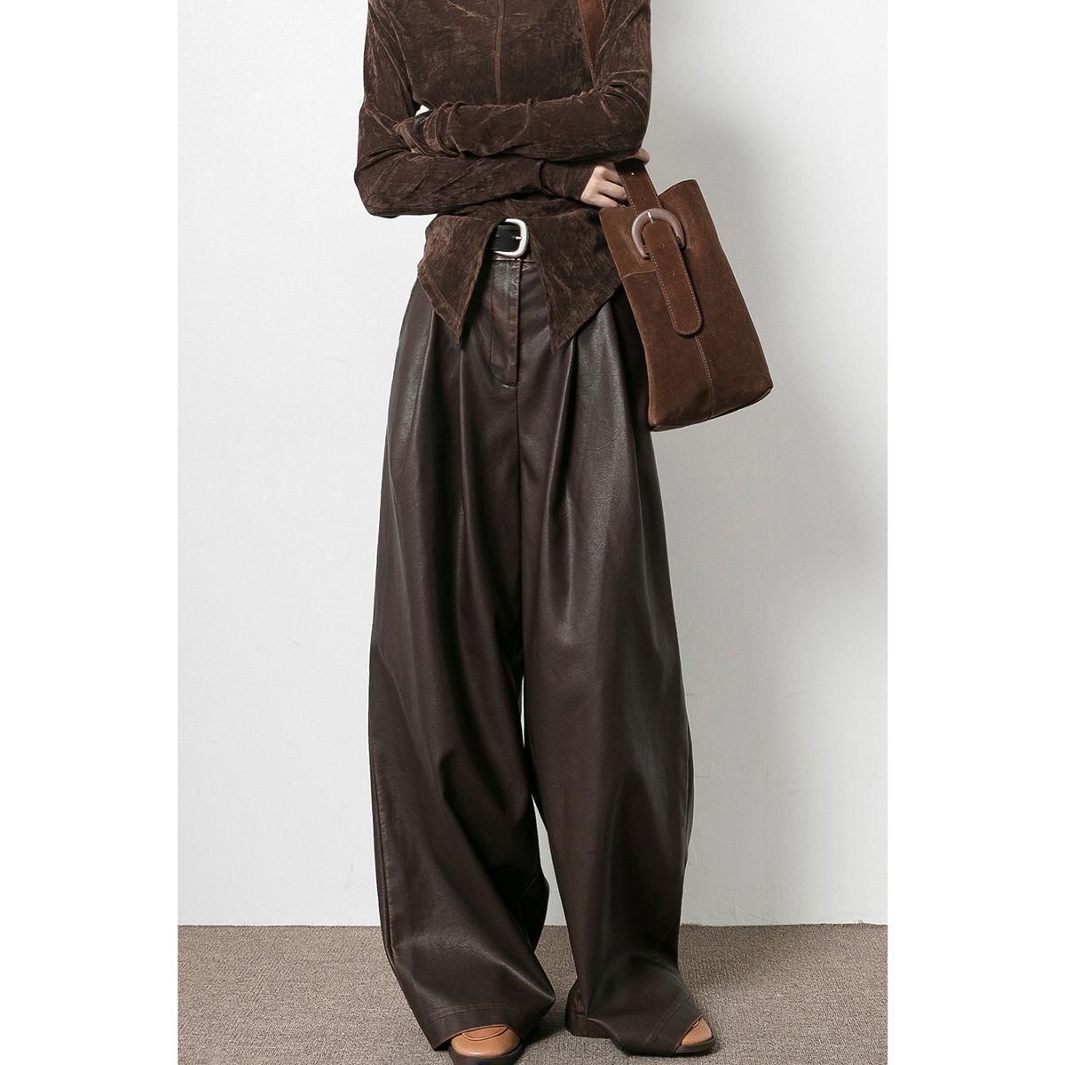 Vintage Brown Pleated PU Leather Pants Women's Clothing