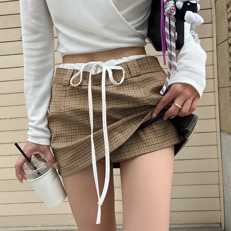 Preppy Style Contrast Color Lace-up Skirt For Women