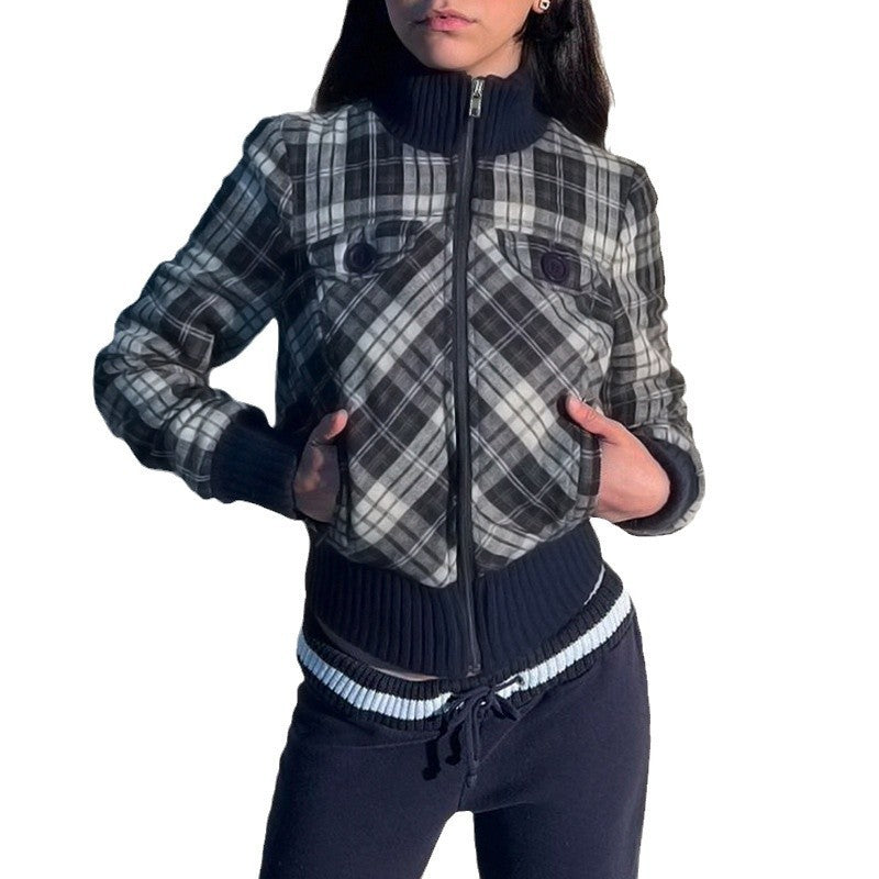 Autumn Winter Retro Plaid Turtleneck Coat