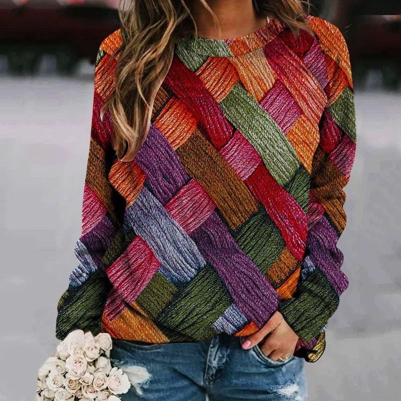 Creative Sweater Printed Patchwork Round Neck Raglan Long Sleeve