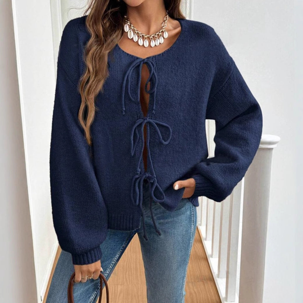 Women's Casual Loose Cardigan Lace-up Solid Color Sweater