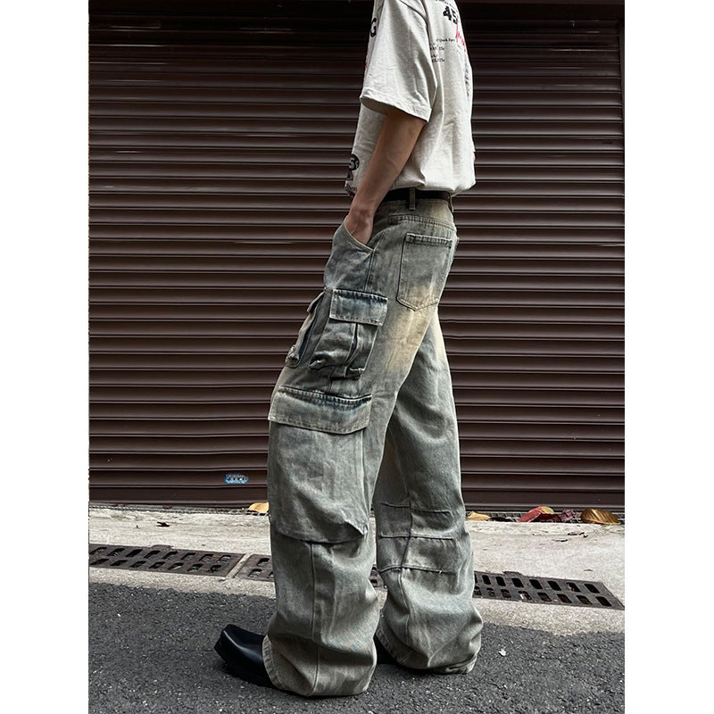 Retro Workwear Multi-pocket Functional Casual Jeans Straight-leg Wide-leg Pants