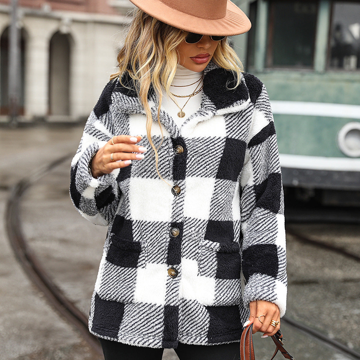 European And American Fashion Autumn And Winter Women's Lapel Long Sleeve Mid-length Plaid