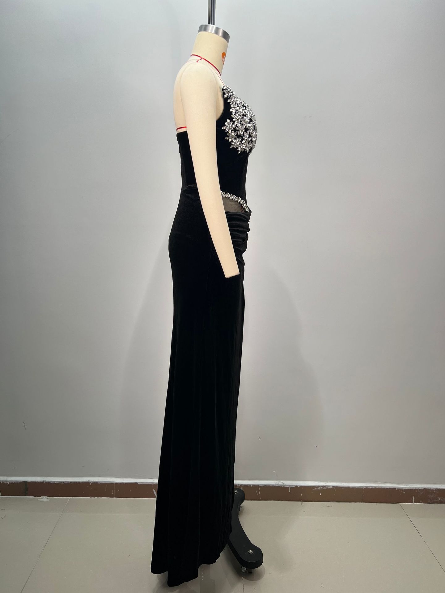 Women's Black Bandeau Slim-fit Hot Drilling Long Dress