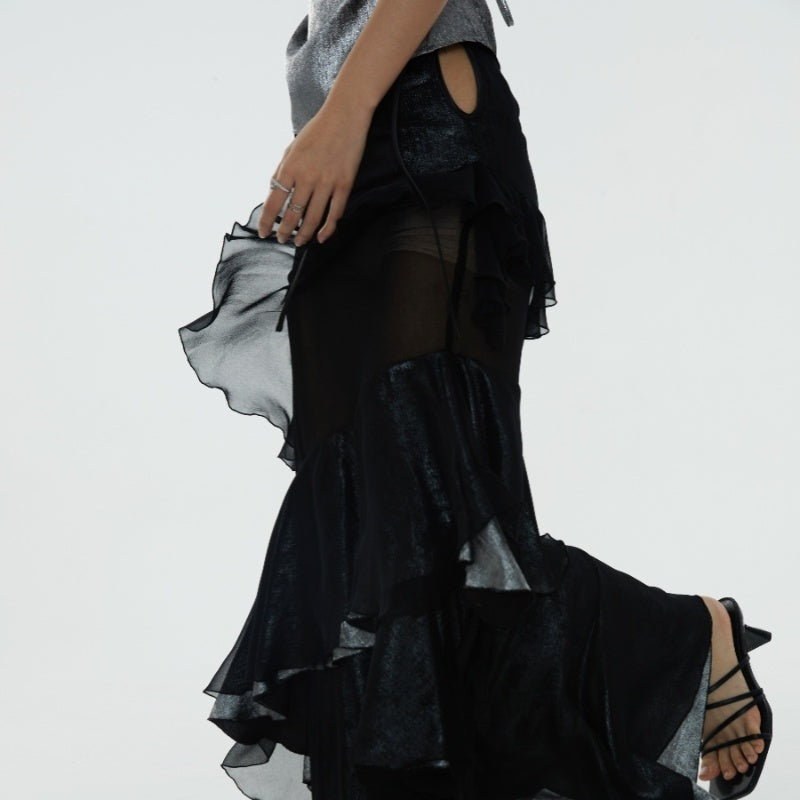 Irregular Ruffled Stitching See-through Off-the-leg Heavy Skirt