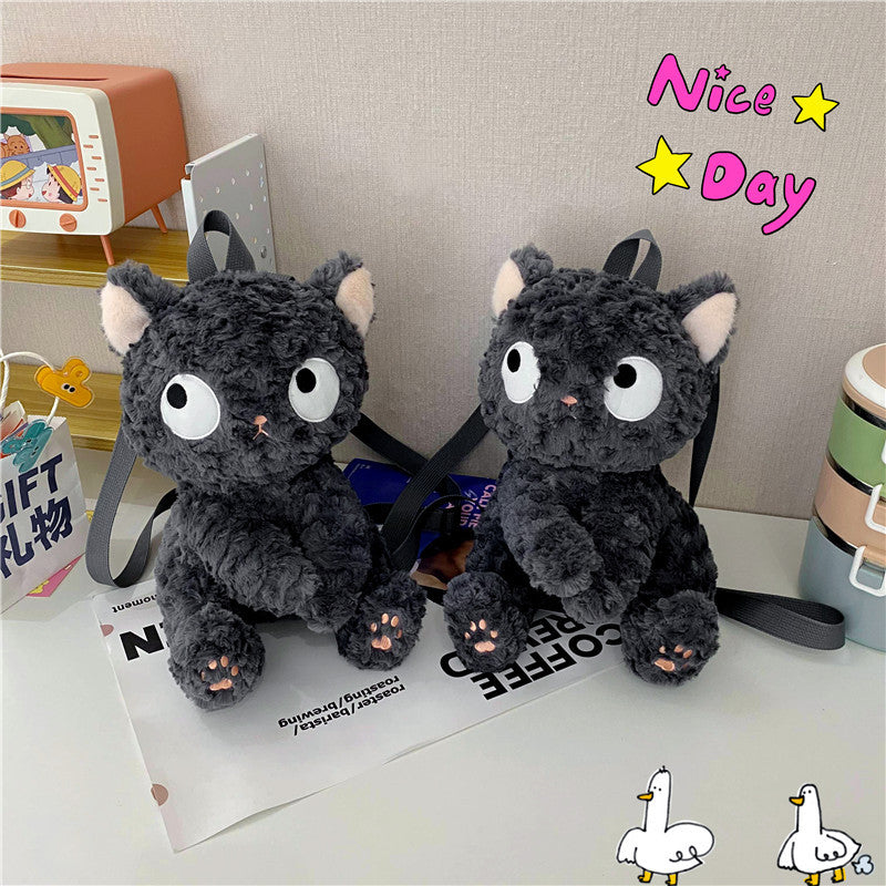 Cute Little Black Cat Doll Plush Backpack Bags