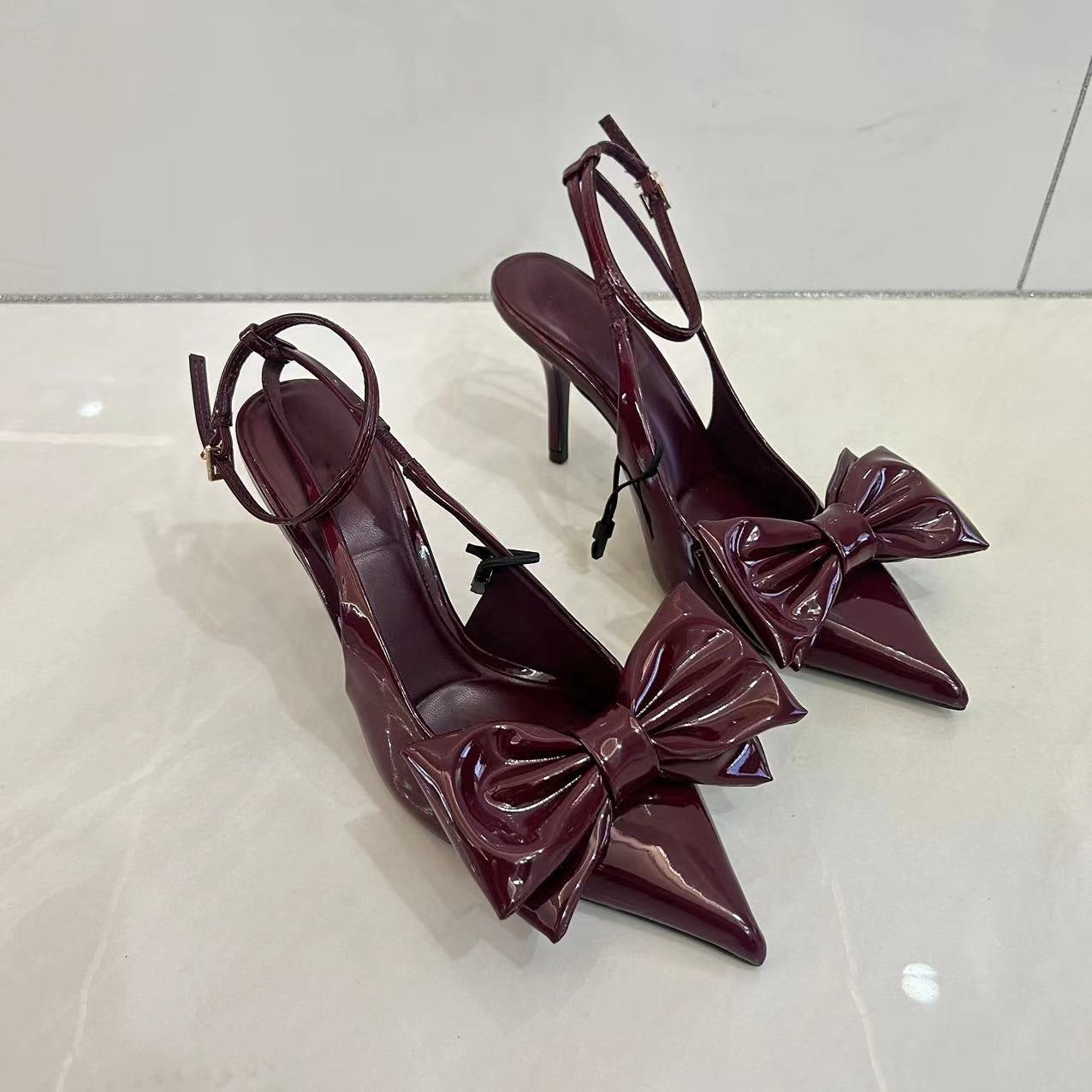 Red Bowknot Decoration High Heels Women's French Style Pointed-toe Hollowed Mixed Stiletto Heel Sandals