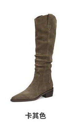 Women's Suede Pointed Chunky Heel Pile Style Long Biker Boots