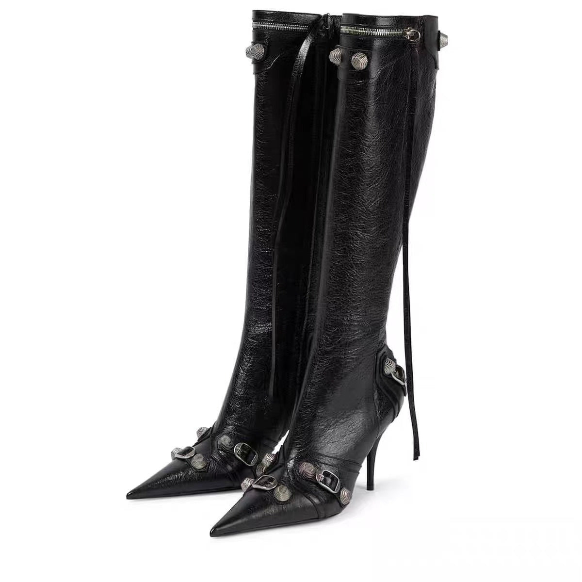 European And American New Pointed Toe Stiletto Heel Metal Rivet Motorcycle Catwalk Women's Boots