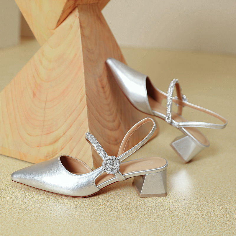 Chunky Heel Silver With Pointed Toe High Heels