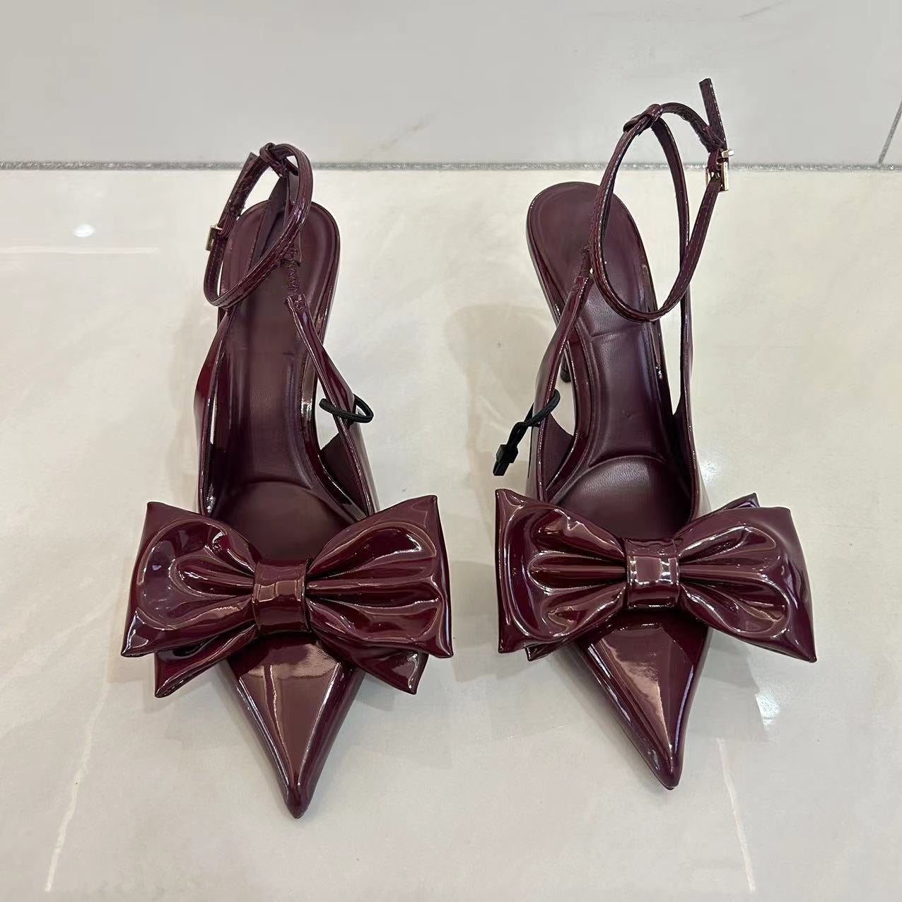 Red Bowknot Decoration High Heels Women's French Style Pointed-toe Hollowed Mixed Stiletto Heel Sandals