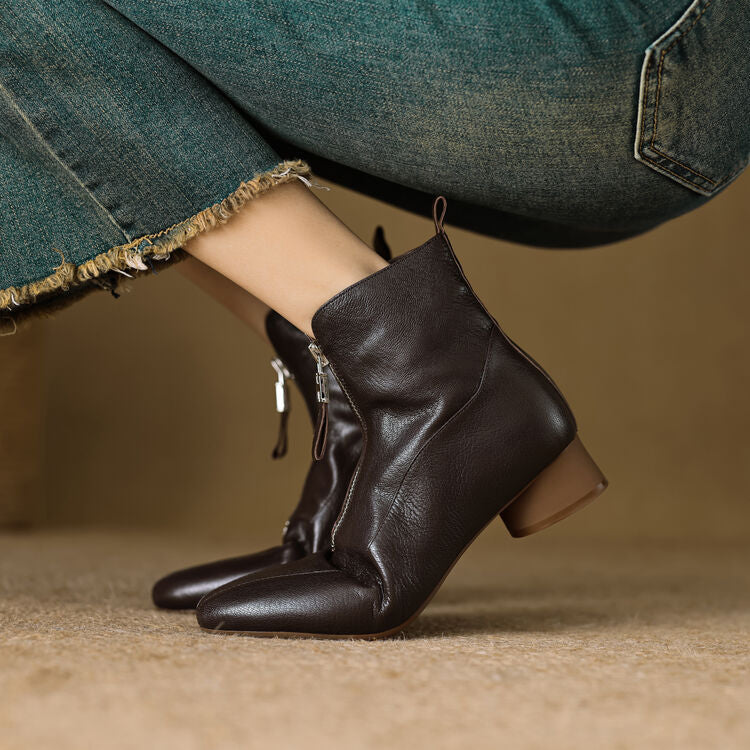 Full-grain Sheepskin Thick Heel Front Zip Ankle Boots