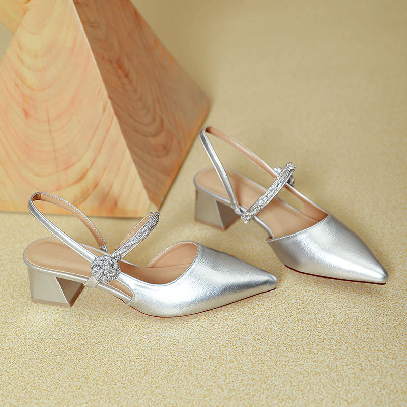 Chunky Heel Silver With Pointed Toe High Heels