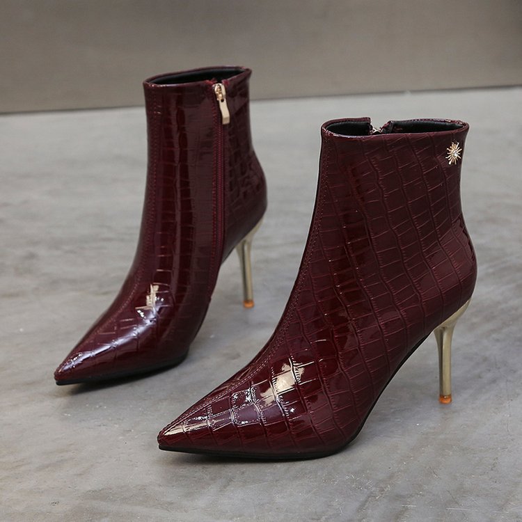 Stone Pointed Patent Leather All-matching Stiletto Thin Women's Boots