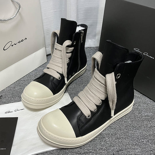 High-top Leather Shoes Men's Sneakers Sports Casual Women's Leather Short Boots Couple's Large Size Shoes