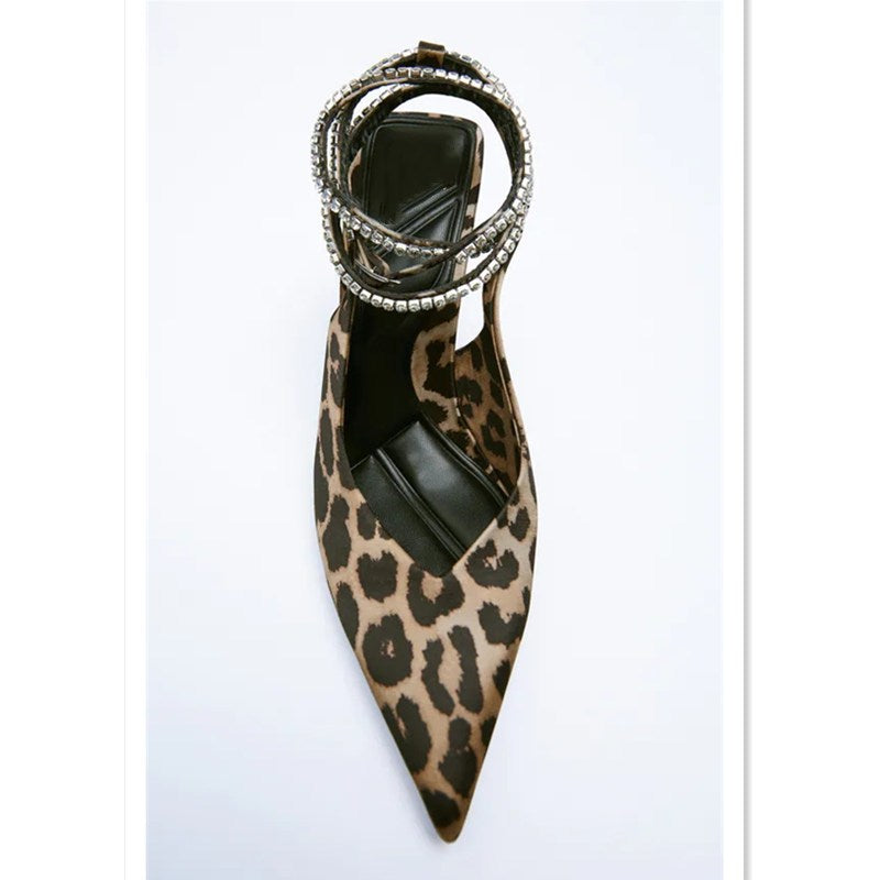 Personalized Leopard Print Suede Mid Heel Pointed Toe Strap Sandals