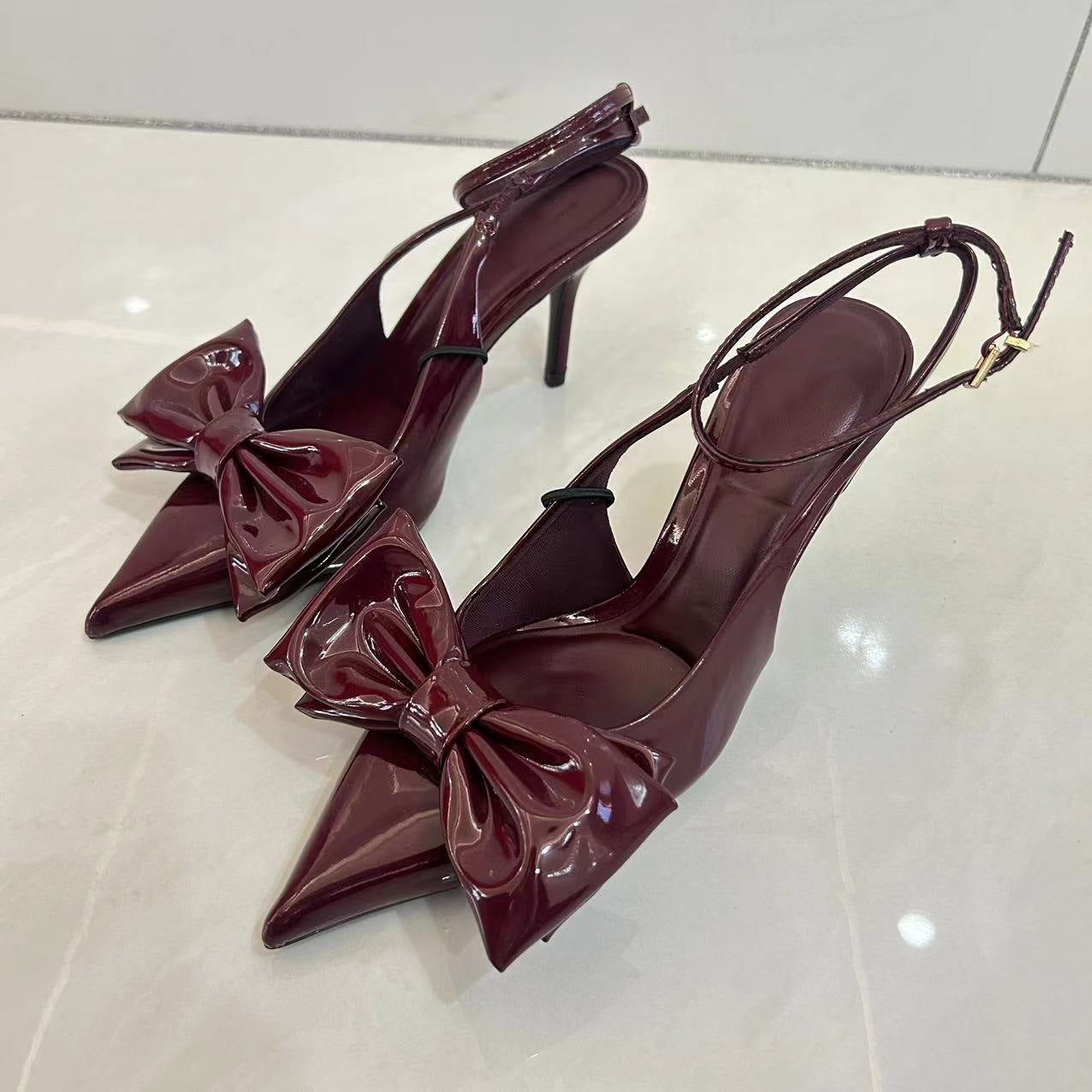 Red Bowknot Decoration High Heels Women's French Style Pointed-toe Hollowed Mixed Stiletto Heel Sandals