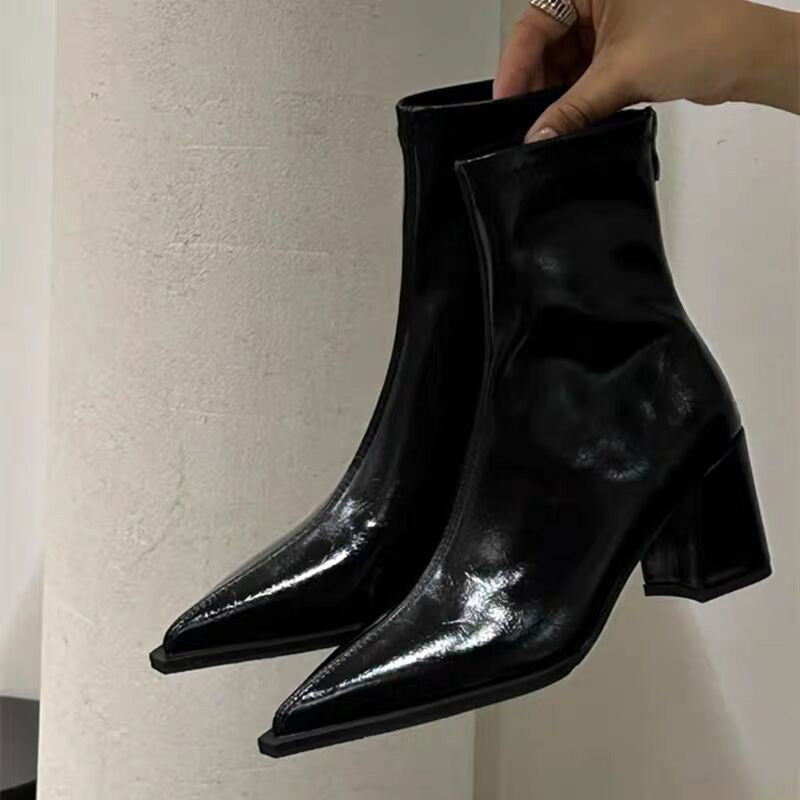 Women's Chunky Heel Back Zipper High Heel Pointed Ankle Boots