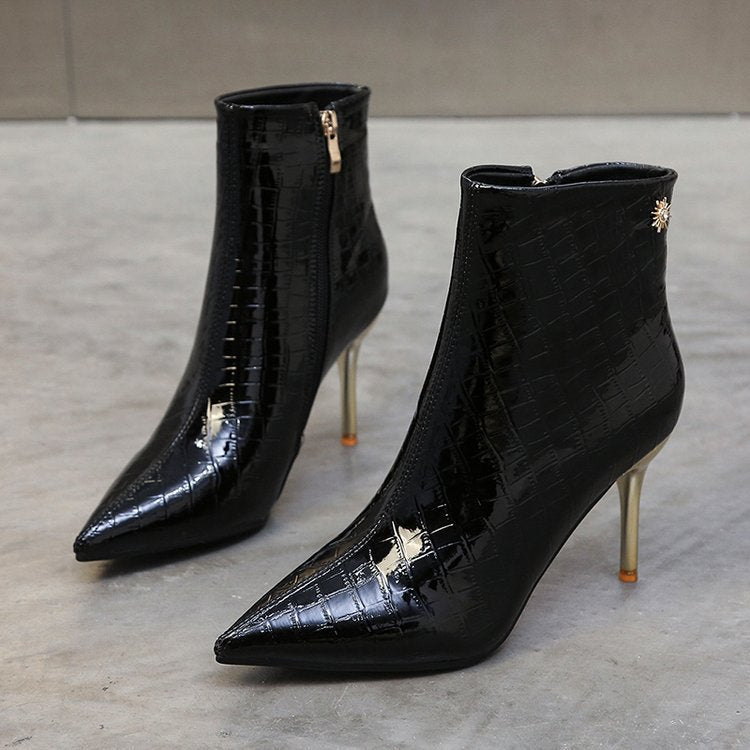 Stone Pointed Patent Leather All-matching Stiletto Thin Women's Boots