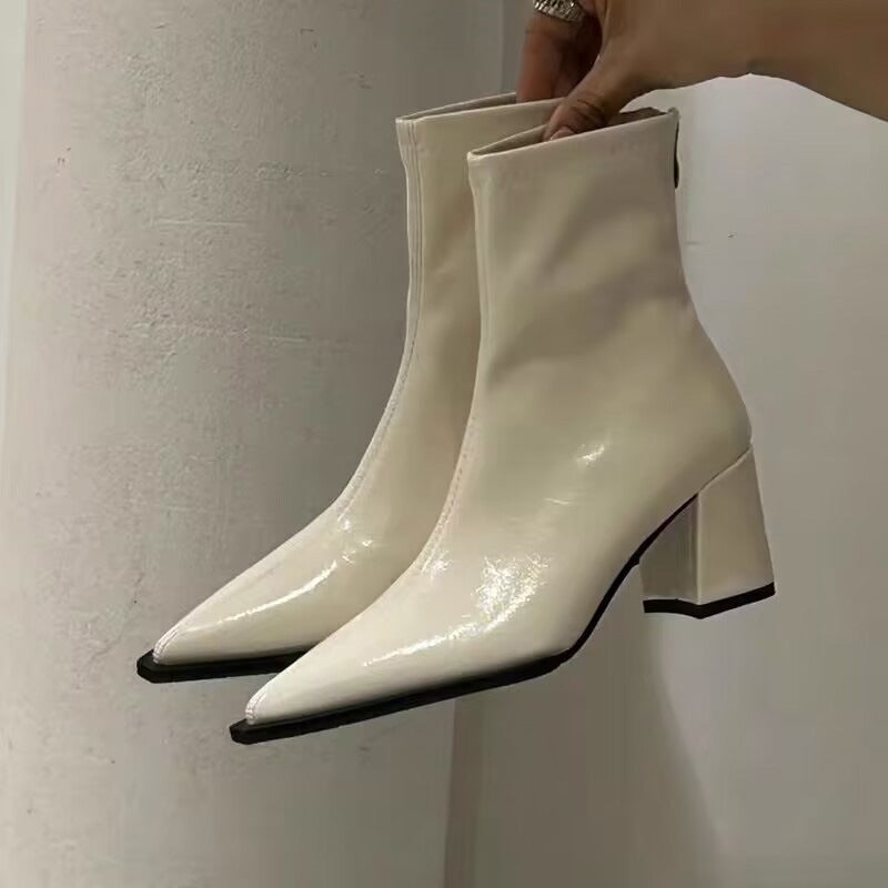 Women's Chunky Heel Back Zipper High Heel Pointed Ankle Boots