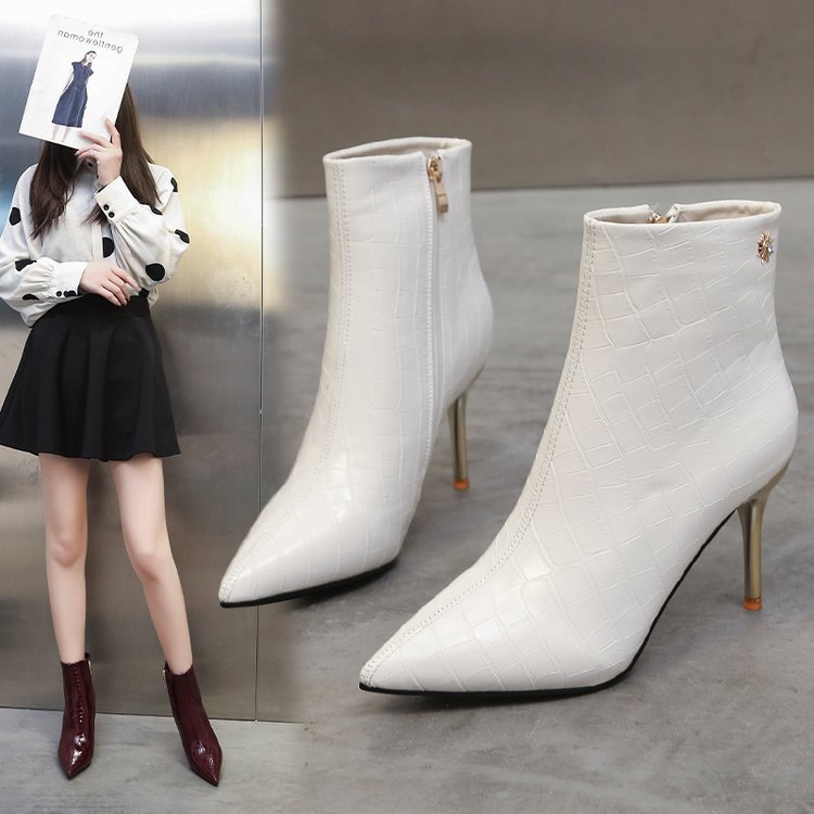 Stone Pointed Patent Leather All-matching Stiletto Thin Women's Boots