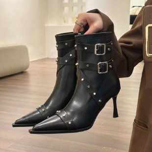 European And American New Pointed Toe Stiletto Heel Metal Rivet Motorcycle Catwalk Women's Boots