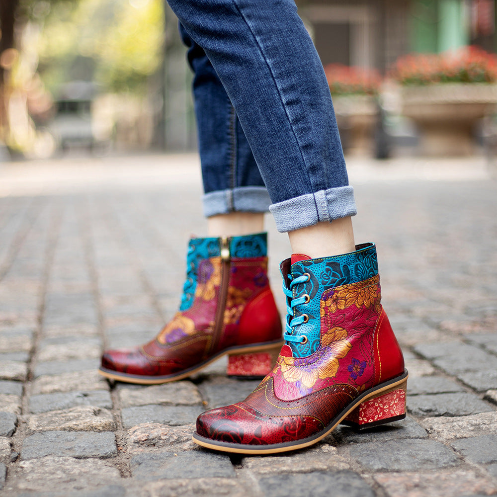 Casual Retro Ethnic Boots Lace Printing Dark Pattern Cowboy Boot