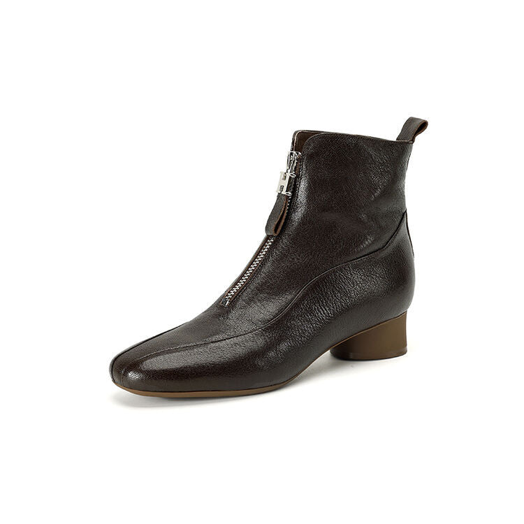 Full-grain Sheepskin Thick Heel Front Zip Ankle Boots