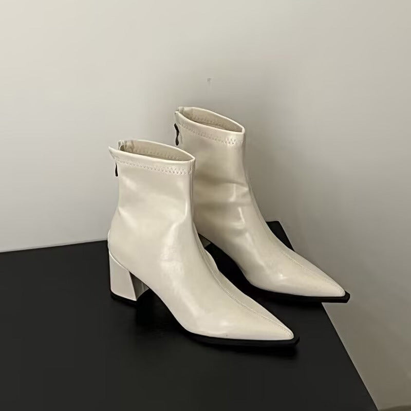 Women's Chunky Heel Back Zipper High Heel Pointed Ankle Boots