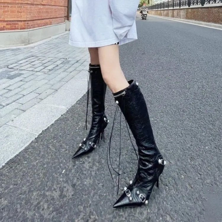 European And American New Pointed Toe Stiletto Heel Metal Rivet Motorcycle Catwalk Women's Boots