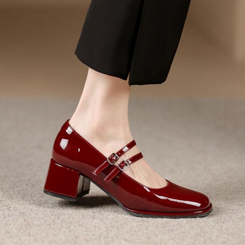 Soft Leather Shoes Women's Chunky Heel Low-cut High Heels