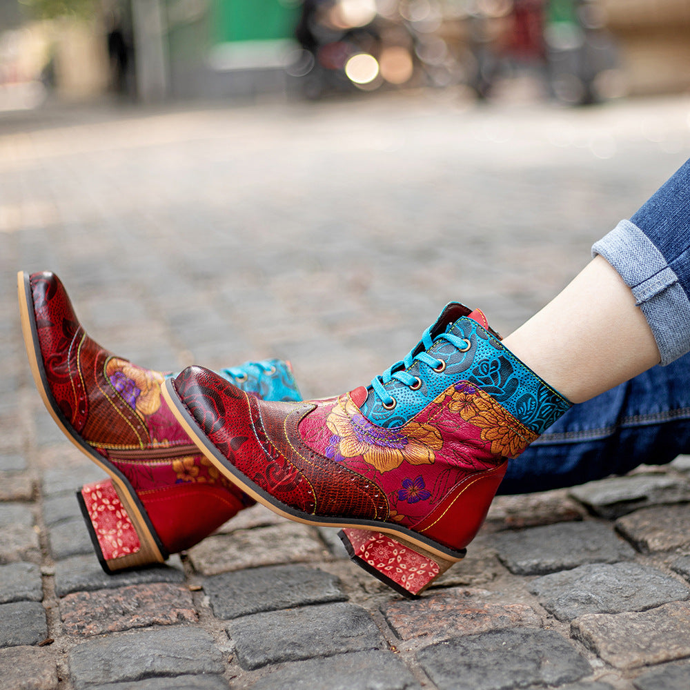 Casual Retro Ethnic Boots Lace Printing Dark Pattern Cowboy Boot