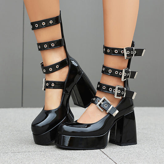 Sweet Cool Chunky Heel High Heel Leather Shoes