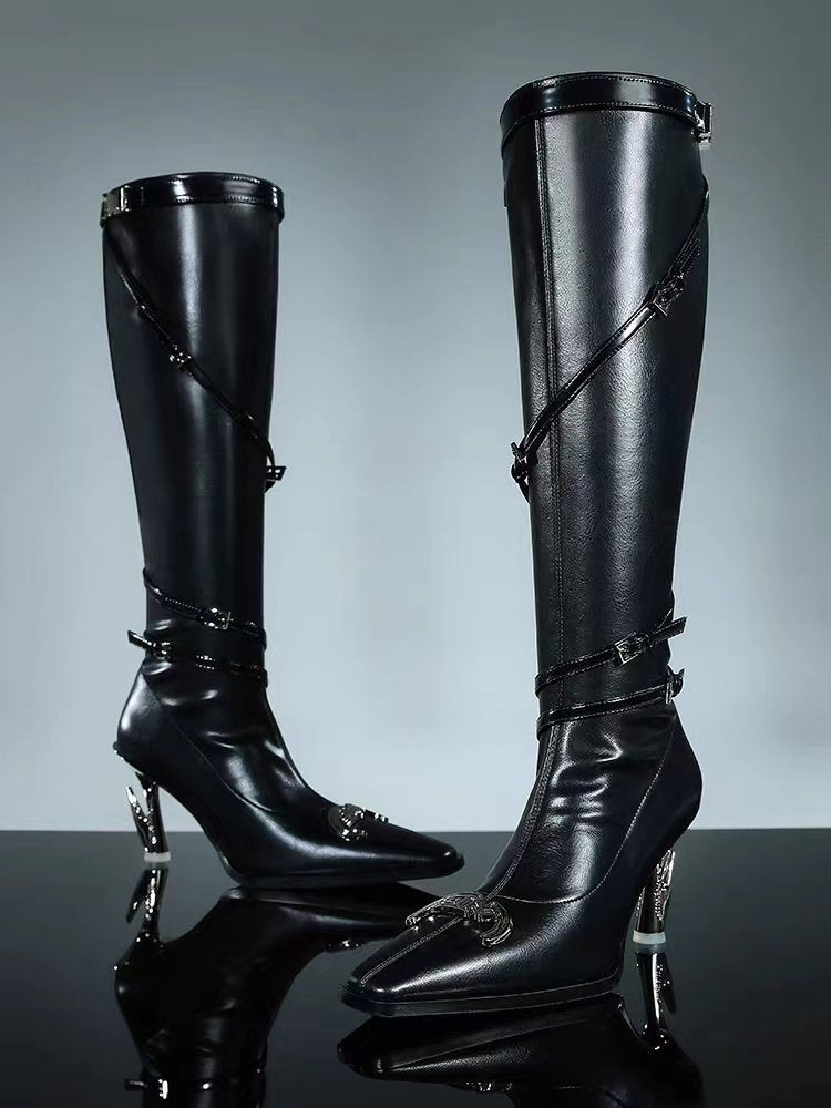 European And American New Pointed Toe Stiletto Heel Metal Rivet Motorcycle Catwalk Women's Boots