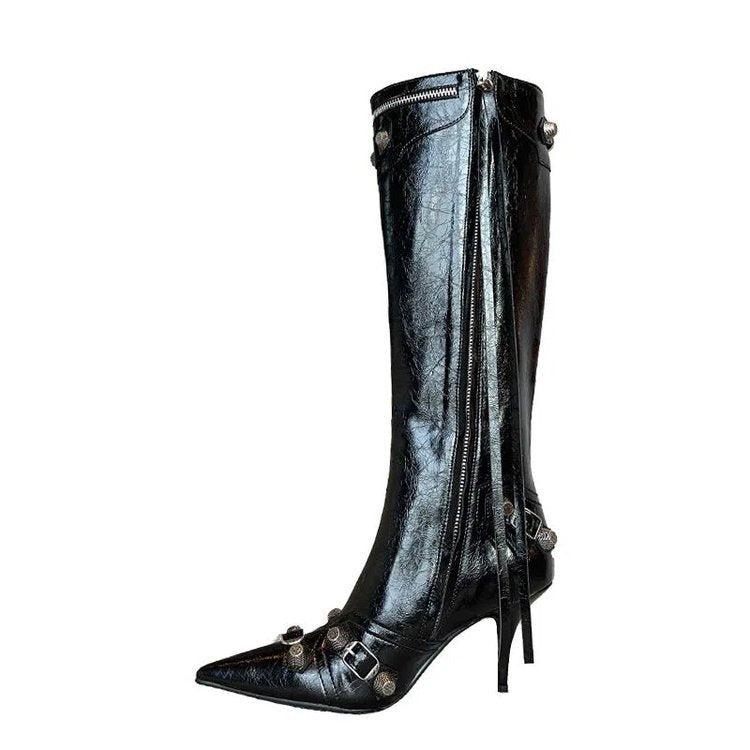 European And American New Pointed Toe Stiletto Heel Metal Rivet Motorcycle Catwalk Women's Boots