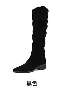 Women's Suede Pointed Chunky Heel Pile Style Long Biker Boots