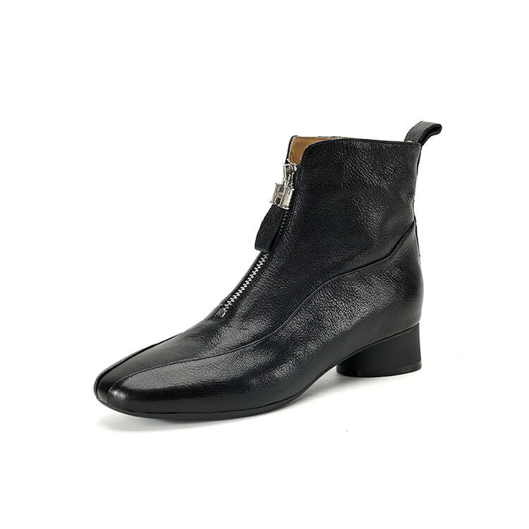 Full-grain Sheepskin Thick Heel Front Zip Ankle Boots