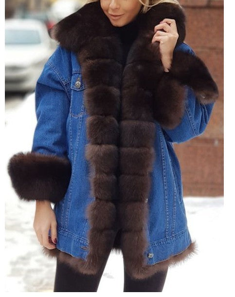 Ladies Fur One Denim Long Long Sleeve Coat