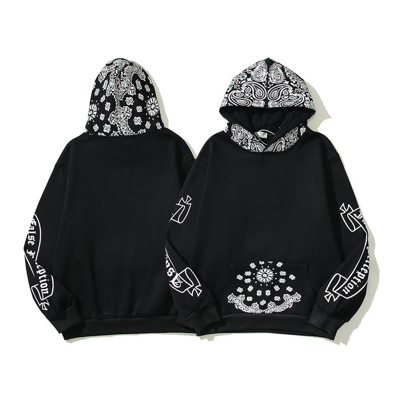 Full Printed Paisley Scroll Stitching Hoodie Sweater