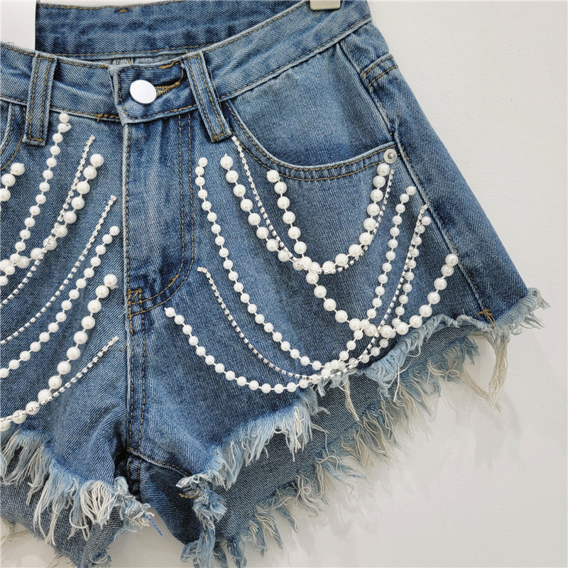 Denim Shorts Women's Summer High Waist Slimming Rhinestone Fringed Burr