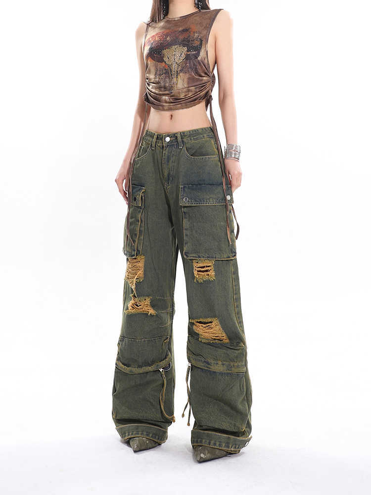 Retro Mopping Waste Jeans Washed And Worn Overalls