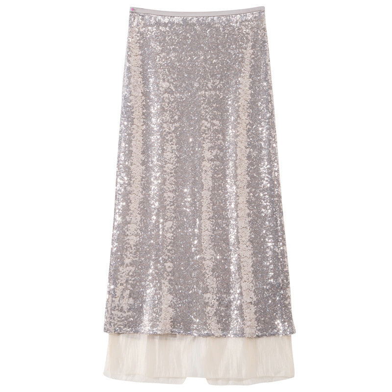 Spring And Summer New Fashionable Sequins Stitching Voile Back Slit Skirt