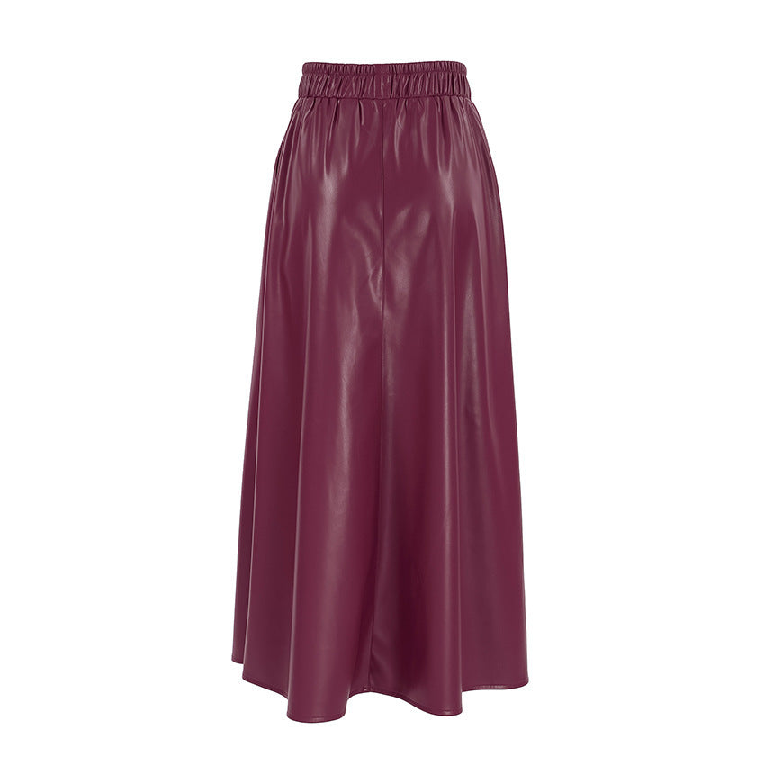 Wine Red Faux Leather High Waist Skirt