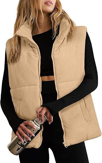 Women's Fashion Leisure Corduroy Plaid Zipper Cotton Vest