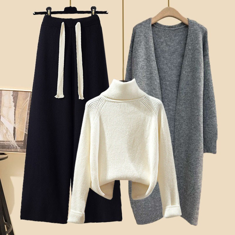 Idle Style Three-piece Set Thick Turtleneck Sweater Wide Leg Pants Wear Long Cardigan Jacket Slimming